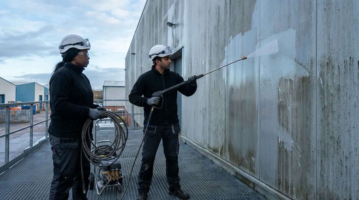 Professionelle Fassadenreinigung an einem Bürogebäude in München