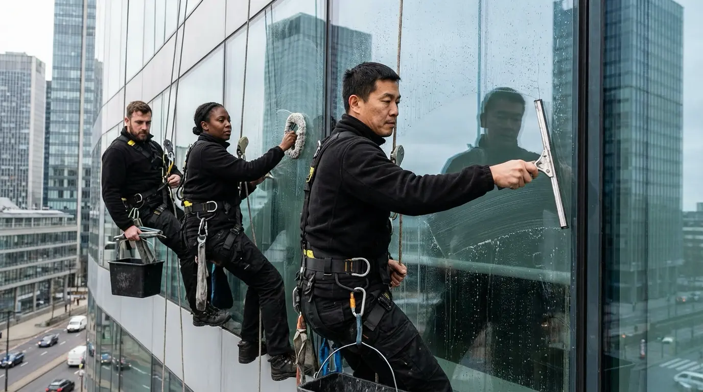 Professionelle Fensterreinigung an einem Bürogebäude in München
